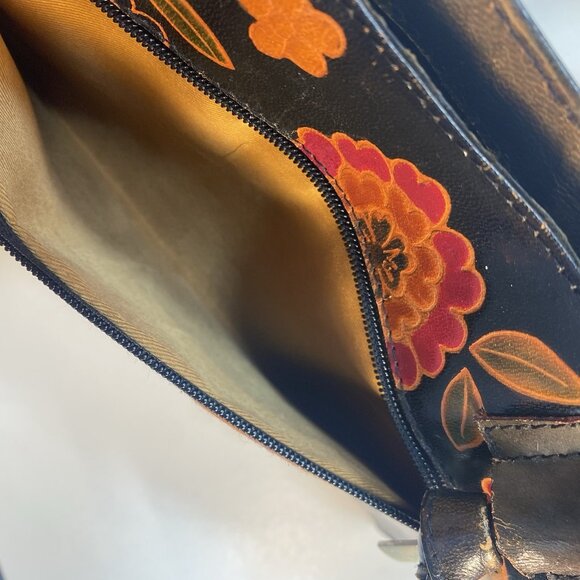 Tooled Leather Tobacco Handbag Purse Shoulder Bag Floral‎ Flowers Zipper Closure - Picture 10 of 16